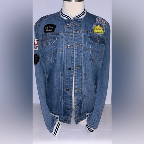 Denim Varsity Jacket with decorative patches. Button front‎ with button pockets. - Picture 1 of 7